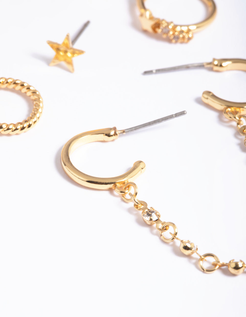 Gold Plated Brass Cubic Zirconia Chain Earring Stack 6-Pack