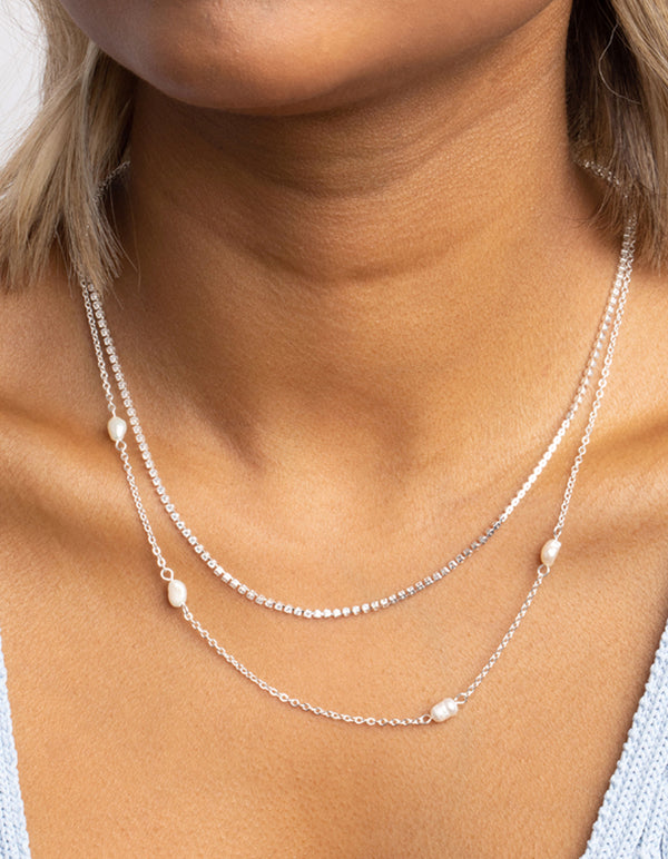 Silver Plated Brass Pearl Layered Necklace
