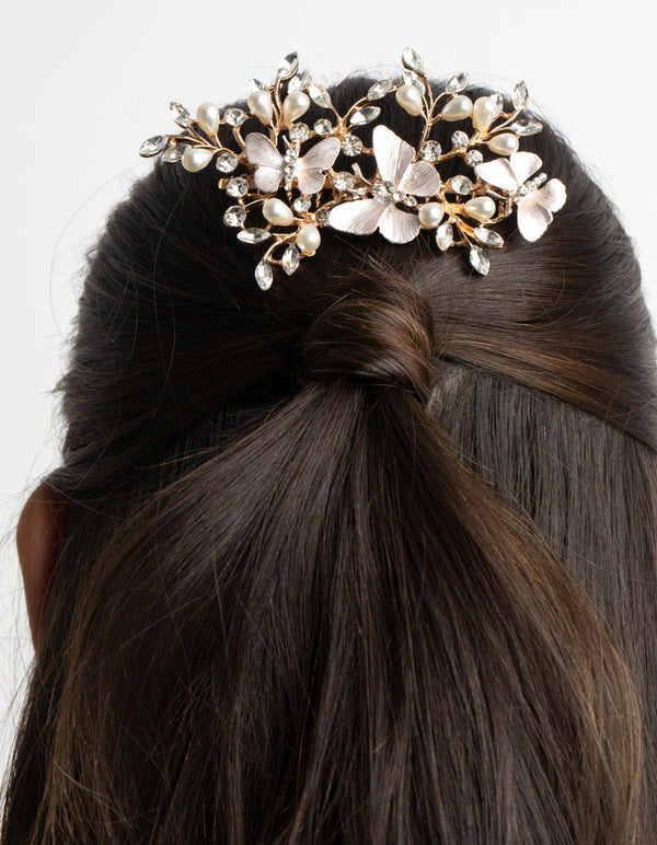 Blush Diamante & Pearl Butterfly Comb