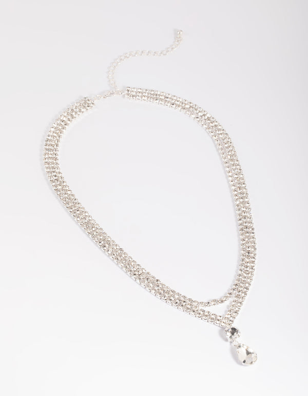 Silver Diamante Teardrop Layered Necklace