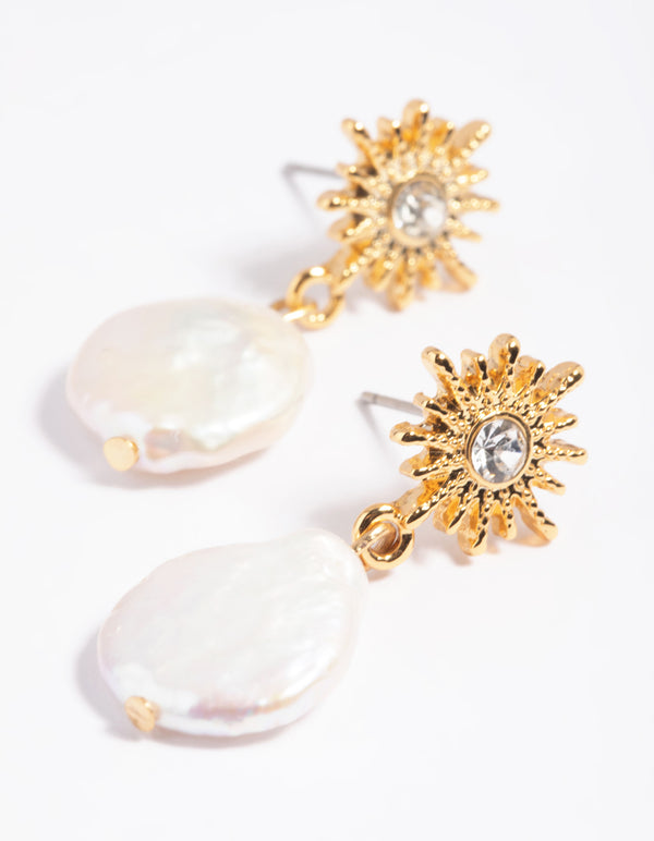 Gold Plated Freshwater Pearl Celestial Drop Earrings