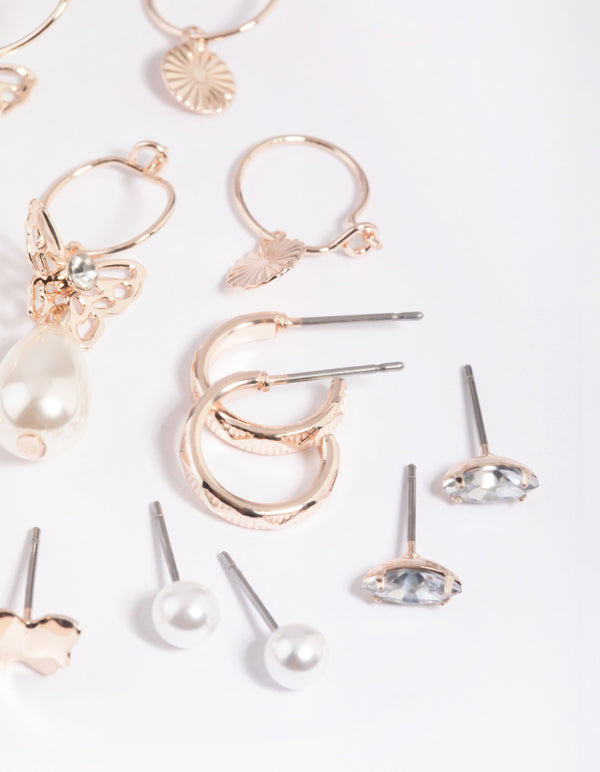 Rose Gold Butterfly Stud & Hoop Earring 8-Pack