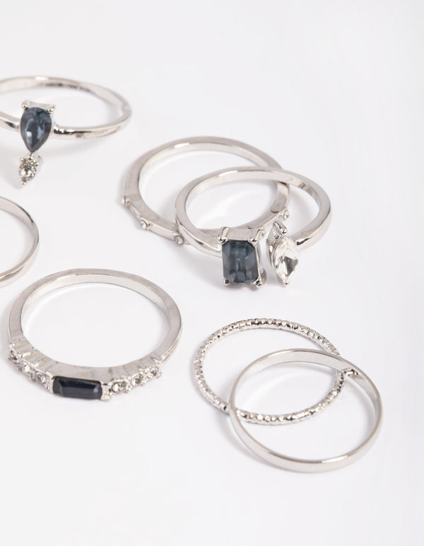 Silver Blue Stone Mixed Ring Stack Pack