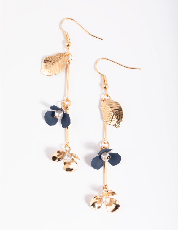 Navy Flower Drop Earrings