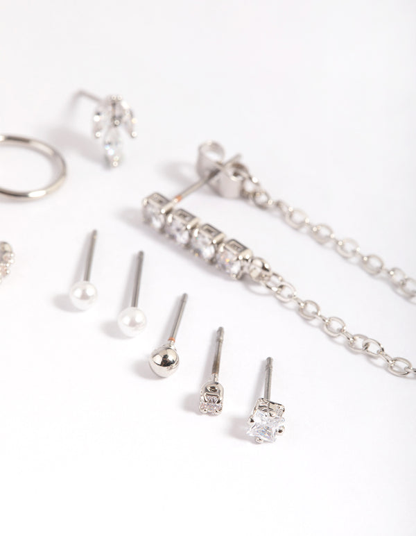 Silver Cubic Zirconia Chain & Pearl Stud Earring 9-Pack