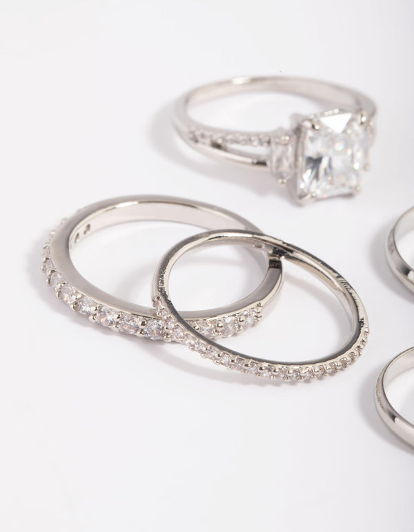 Rhodium Cubic Zirconia Emerald Cut Ring Stack Pack