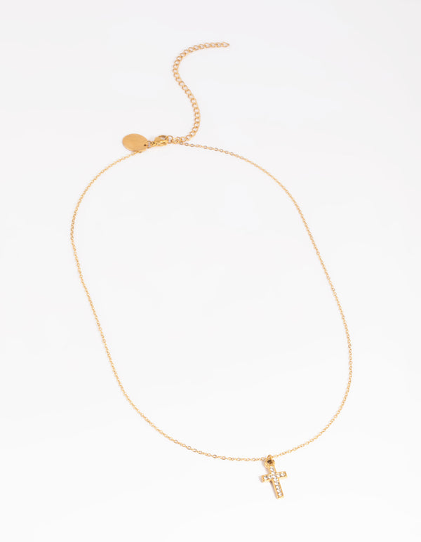 Waterproof Gold Plated Stainless Steel Cubic Zirconia Cross Necklace