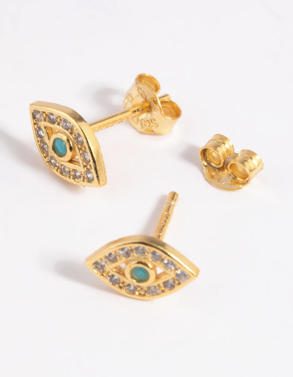 Gold Plated Sterling Silver Cubic Zirconia Evil Eye Stud Earrings