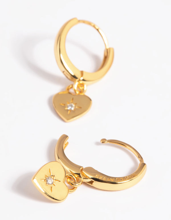 Gold Plated Sterling Silver Heart Diamante Huggie Hoop Earrings
