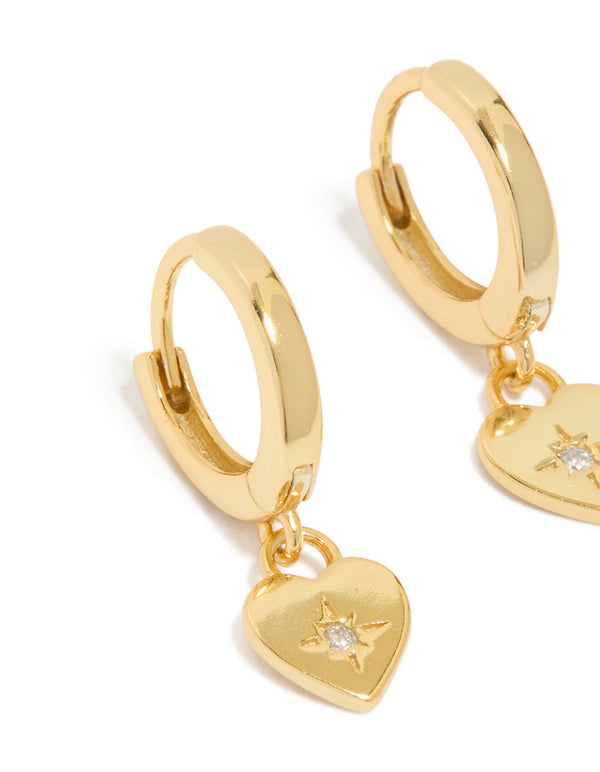 Gold Plated Sterling Silver Heart Diamante Huggie Hoop Earrings