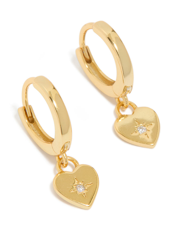 Gold Plated Sterling Silver Heart Diamante Huggie Hoop Earrings