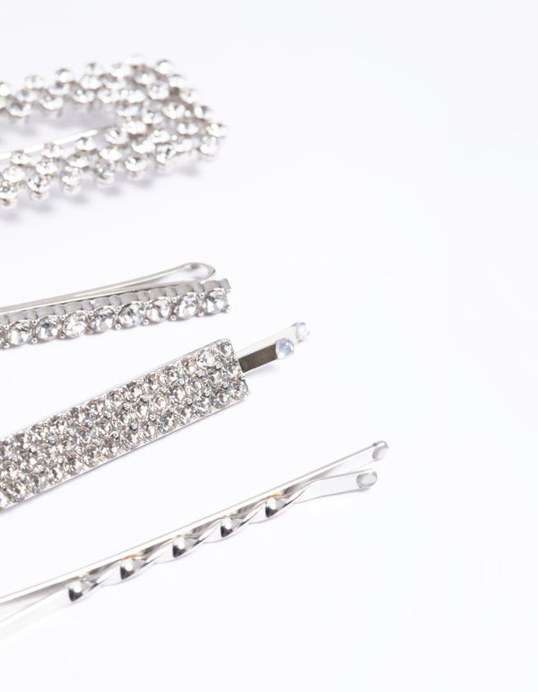 Silver Diamante Mixed Hair Slide 4-Pack