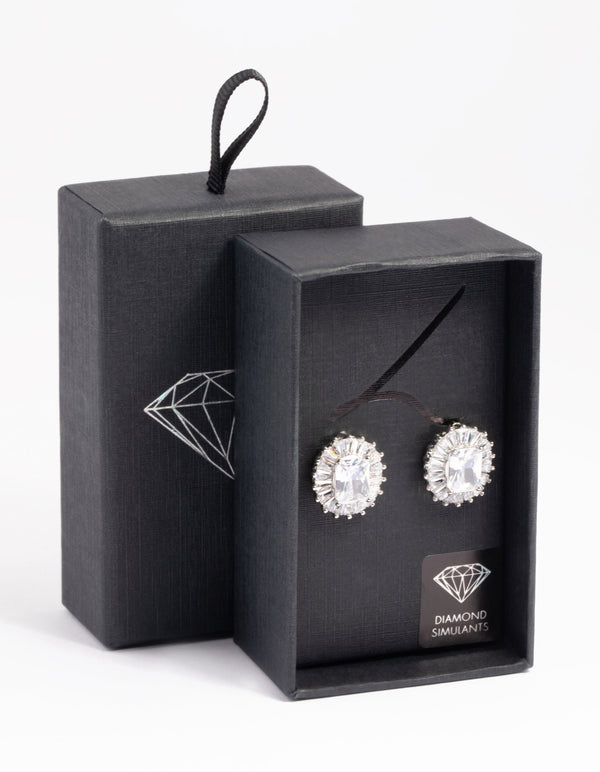 Rhodium Diamond Simulant Halo Statement Stud Earrings
