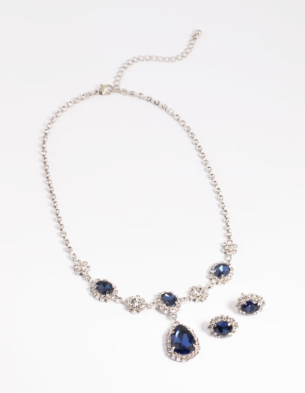 Silver Diamond Simulant Sapphire Flower Necklace & Earrings Set
