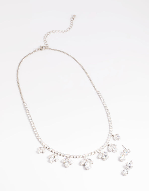 Silver Diamond Simulant Flower Necklace & Earrings Set
