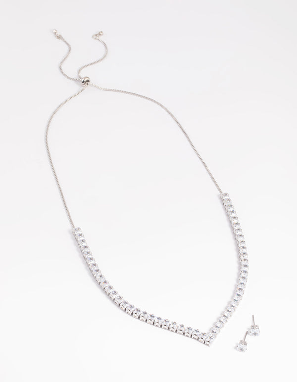 Silver Diamond Simulant Square Necklace & Earrings Set