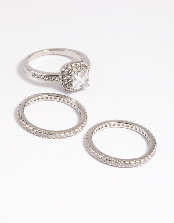Silver Diamond Simulant Square Ring Pack