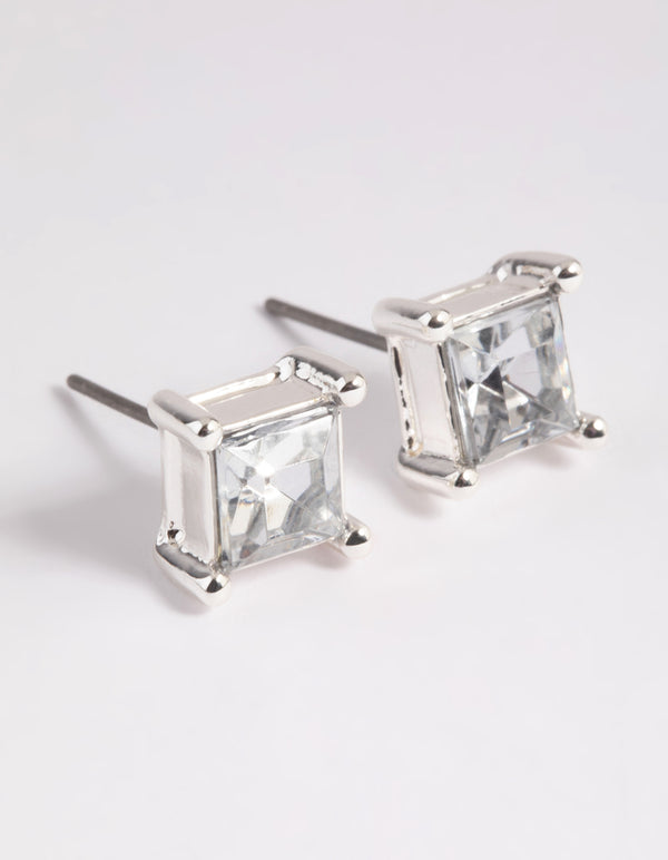 Silver Diamante Square Stud Earrings