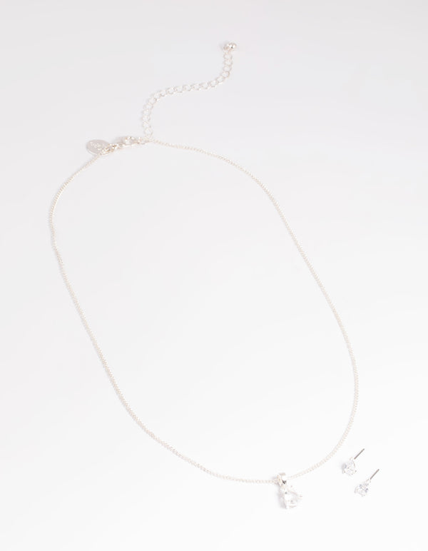 Silver Pear Solitaire Earrings & Necklace Giftbox