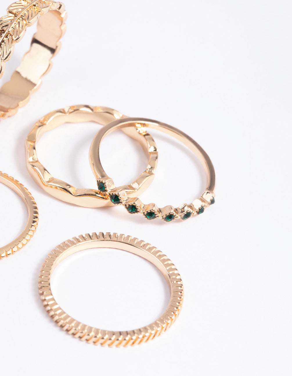 Gold Green Diamante & Leaf Rings 5-Pack