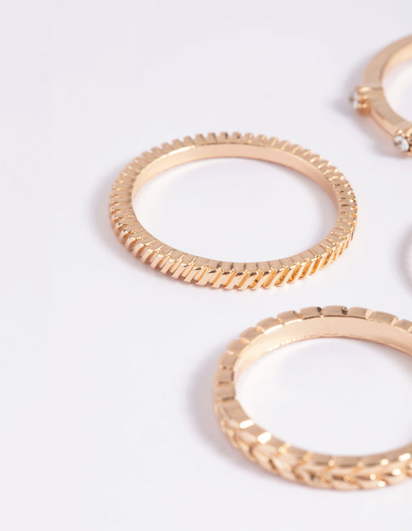 Gold Textured Diamante Ring Stack 5-Pack