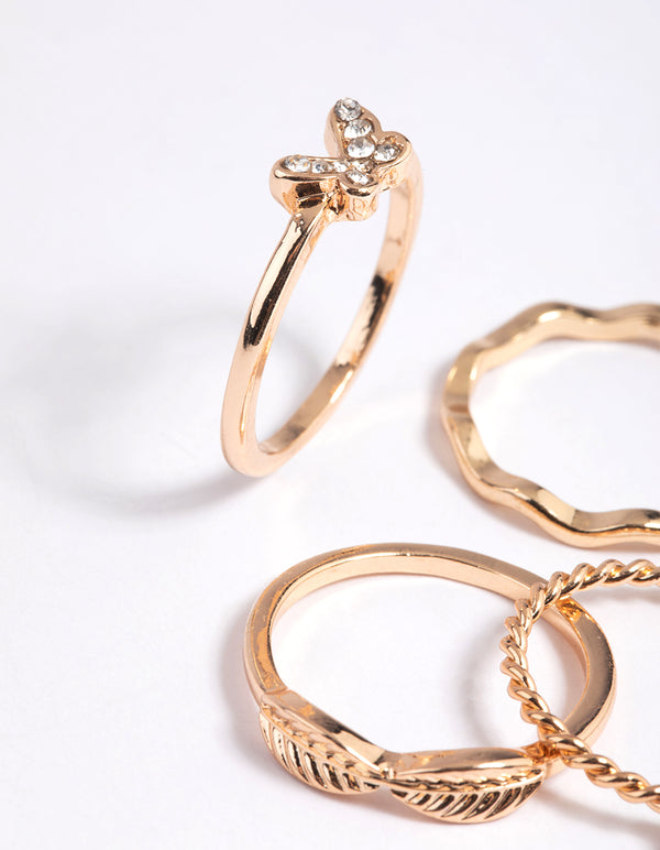 Gold Diamante Butterfly Ring Stack 4-Pack