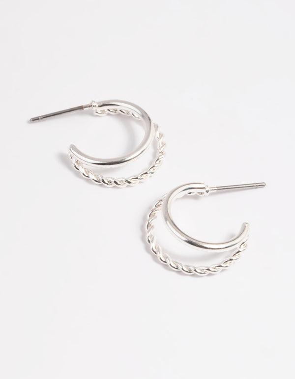 Silver Twisted Huggie Hoop Earrings