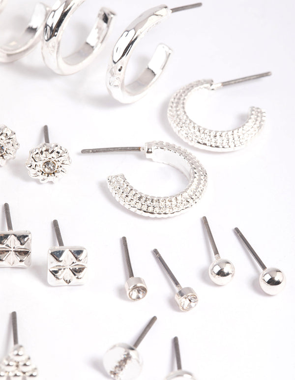 Silver Textured Stud & Hoop Earring 12-Pack