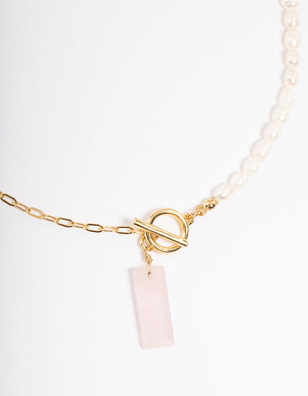 Gold Plated Rose Quartz & Freshwater Pearl Necklace