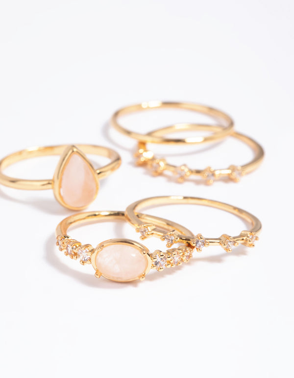 Gold Plated Rose Quartz & Cubic Zirconia Ring Stack Pack