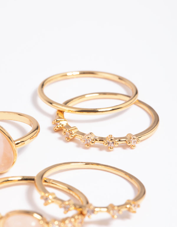 Gold Plated Rose Quartz & Cubic Zirconia Ring Stack Pack