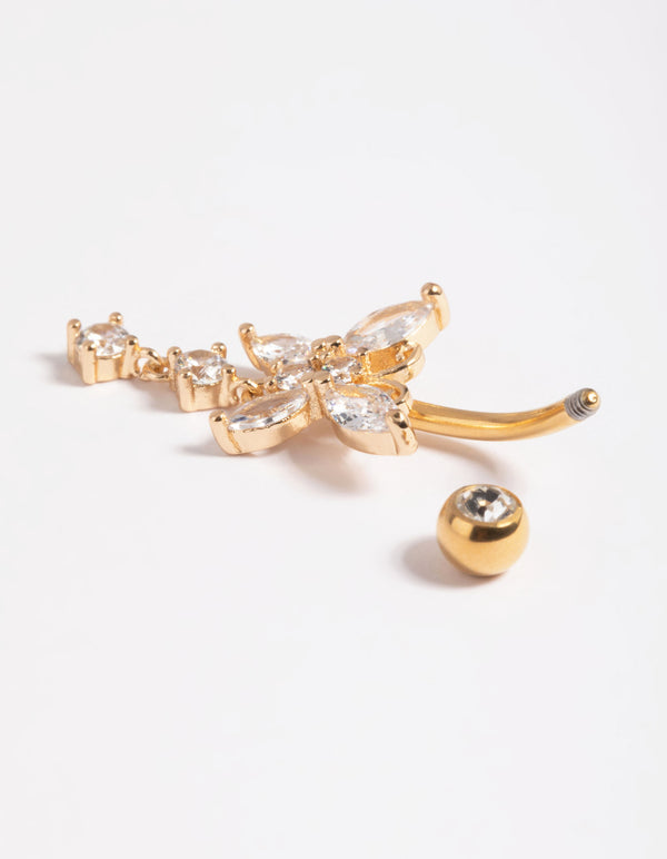 Designed with butterfly belly bar charm and diamond accents in gold plated surgical steel detail view