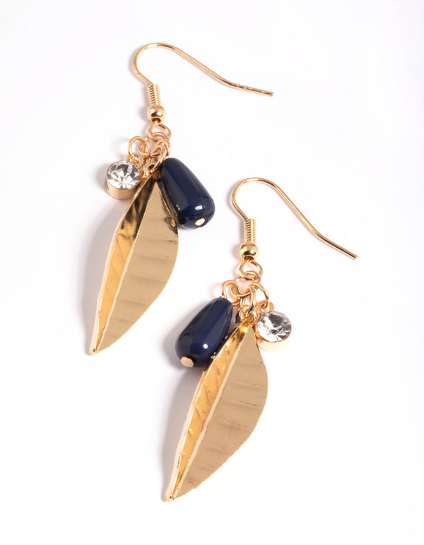 Gold Leaf & Bead Diamante Drop Earrings