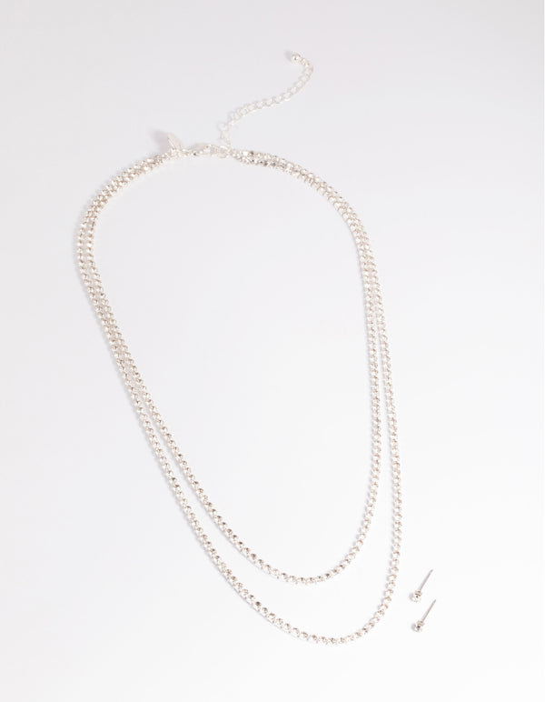 Silver Diamante Layered Necklace & Earrings Set