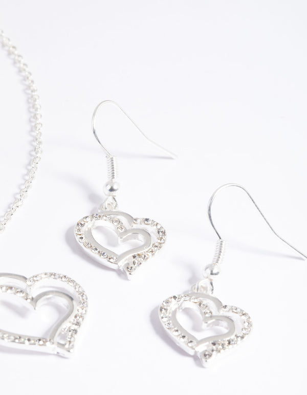 Silver Diamante Heart Necklace & Earrings Set