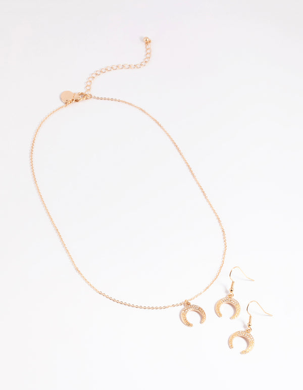 Gold Crescent Diamante Necklace & Earrings Set
