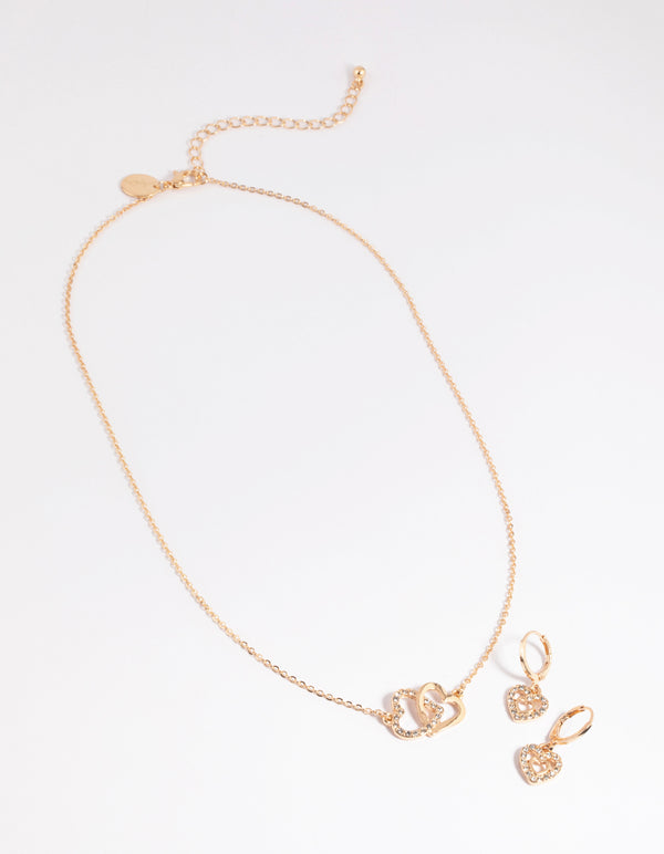 Gold Interlocked Heart Necklace & Earrings Set