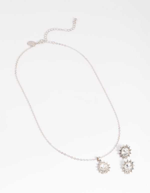 Rhodium Diamante Princess Stone Necklace & Earrings Set