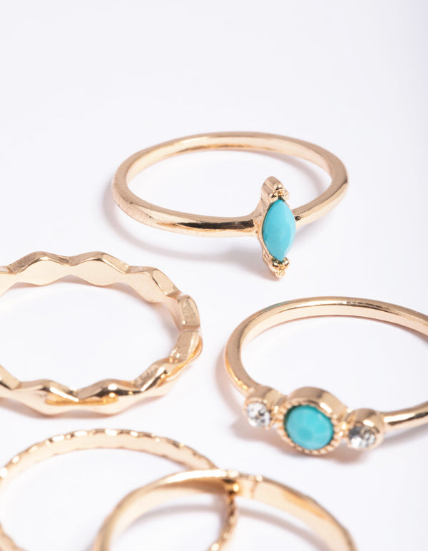 Gold Stone & Diamante Textured Rings 5-Pack