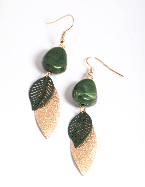 Gold Marble & Leaf Drop Earrings