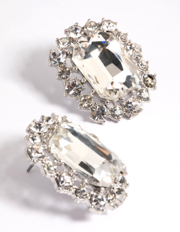 Silver Diamante Square Stud Earrings