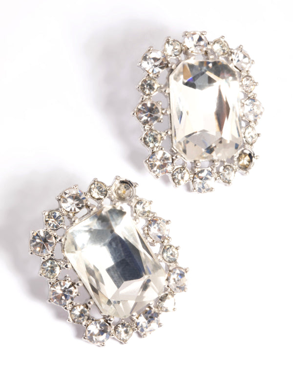 Silver Diamante Square Stud Earrings