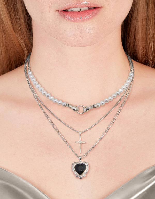 Silver Pearl Heart Star Layered Necklace