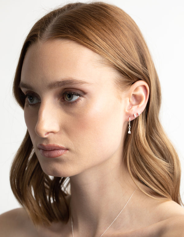 Silver Plated Brass Pear Huggie Hoop Earring Stack 6-Pack