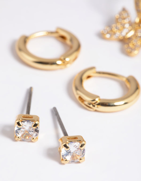 Gold Plated Brass Cubic Zirconia Butterfly Earring Stack 6-Pack