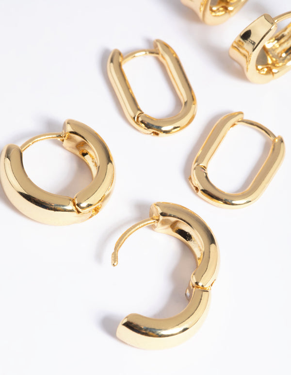 Gold Plated Brass Simple Huggie Hoop Earring Stack 6-Pack