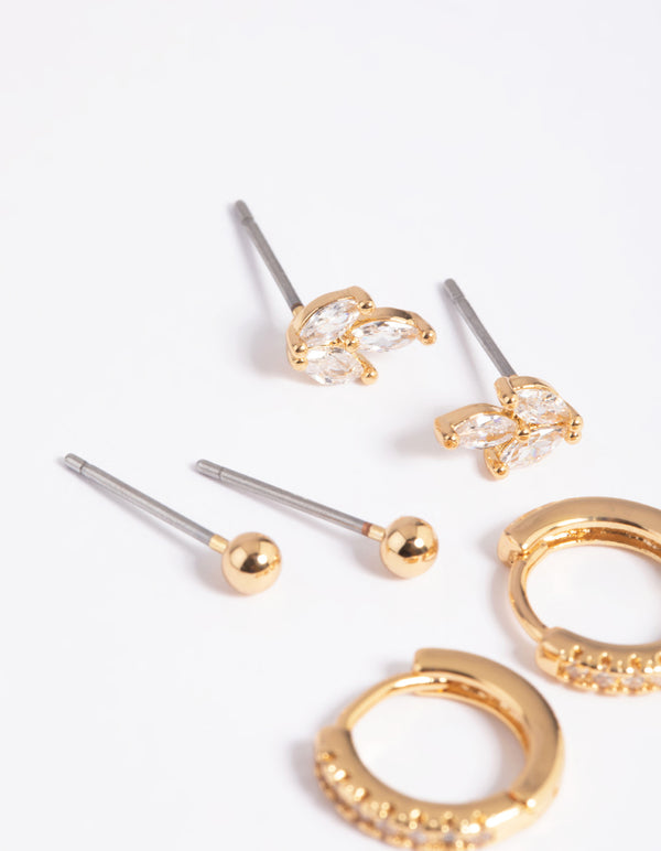 Gold Plated Brass Cubic Zirconia Leaf Earring Stack 6-Pack