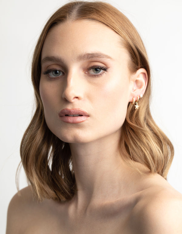 Gold Plated Brass Cubic Zirconia Pearl & Star Earring Stack 6-Pack