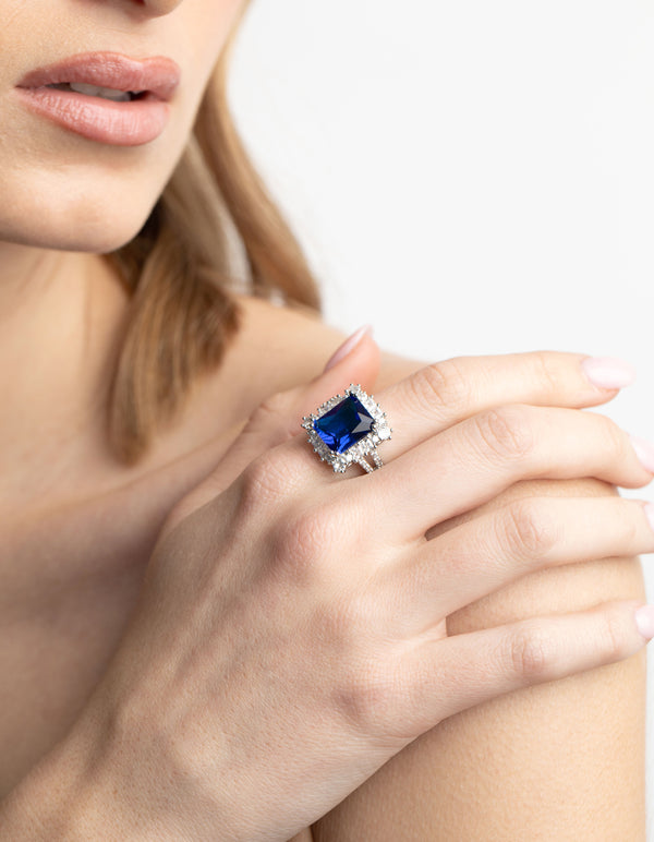 Silver Blue Cubic Zirconia Asscher Ring