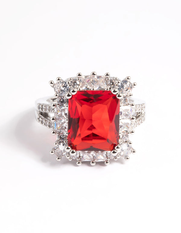 Silver Cubic Zirconia Red Asscher Ring